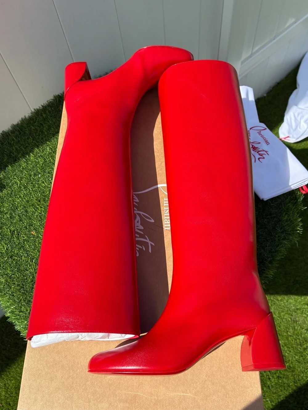 CHRISTIAN LOUBOUTIN JANITTA 55 RED LEATHER BLOCK HEEL KNEE-HIGH BOOTS SZ 38.5